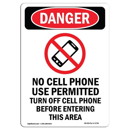 Signmission OSHA Danger Sign, No Cell Phone Use Permitted, 24in X 18in Aluminum, 18" W, 24" L, Portrait OS-DS-A-1824-V-1736